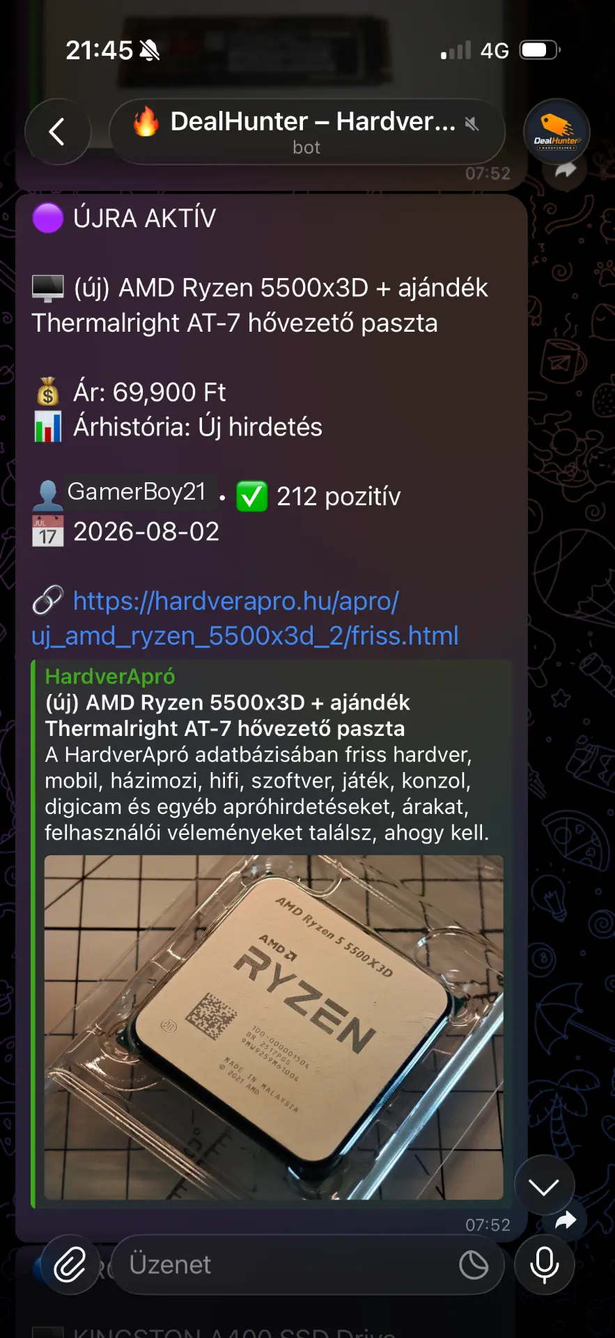 DealHunter újra aktív hirdetés értesítés Telegramon