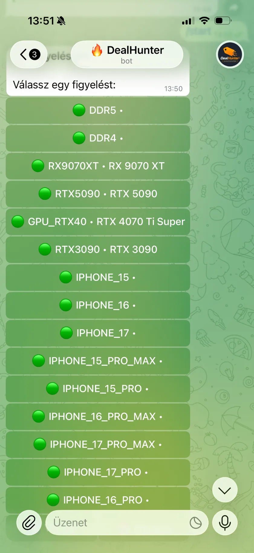 DealHunter figyelések listája: DDR5, RTX és iPhone kategóriák