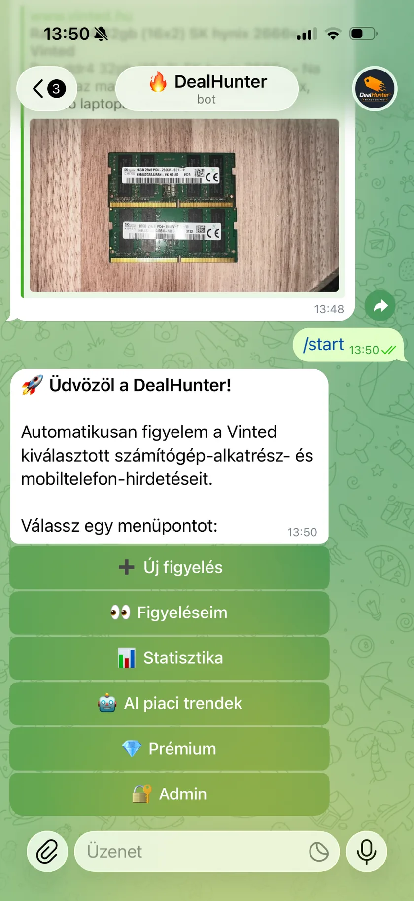 DealHunter Telegram főmenü: Új figyelés, Figyeléseim, Statisztika