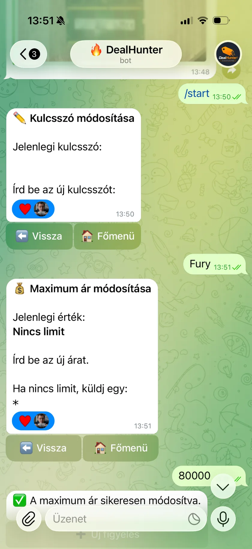 DealHunter kulcsszó és maximum ár beállítása Telegramon