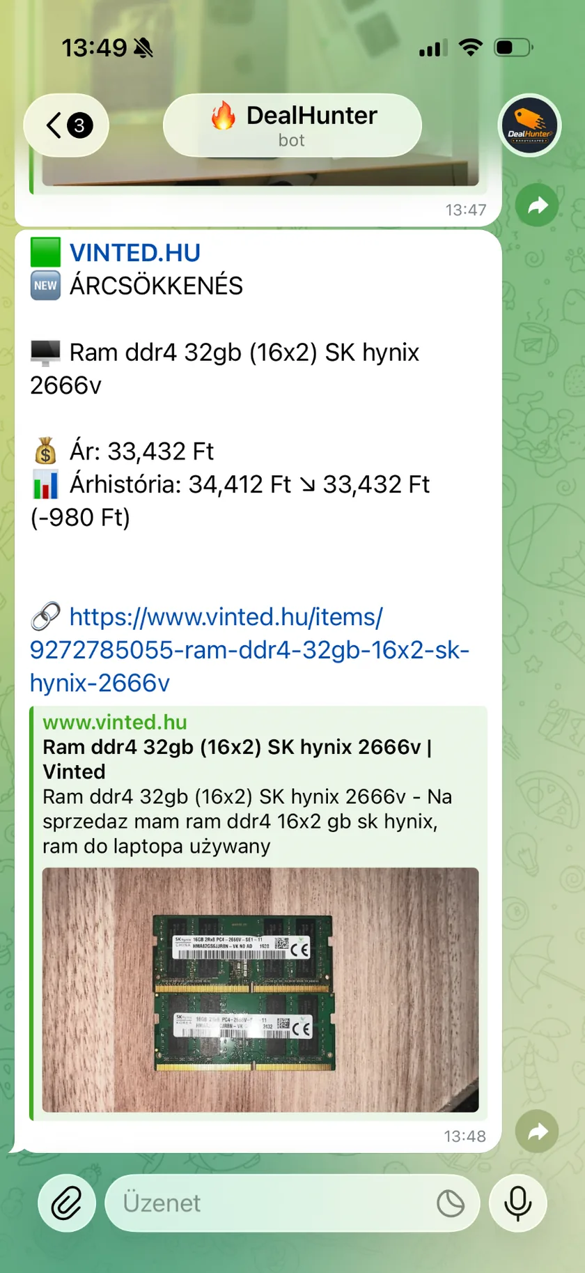 DealHunter Telegram értesítés Vinted DDR4 memória hirdetésről