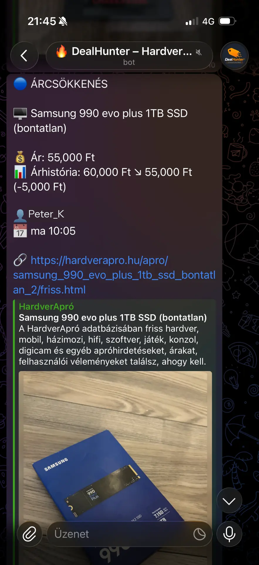 DealHunter árcsökkenés értesítés Telegramon